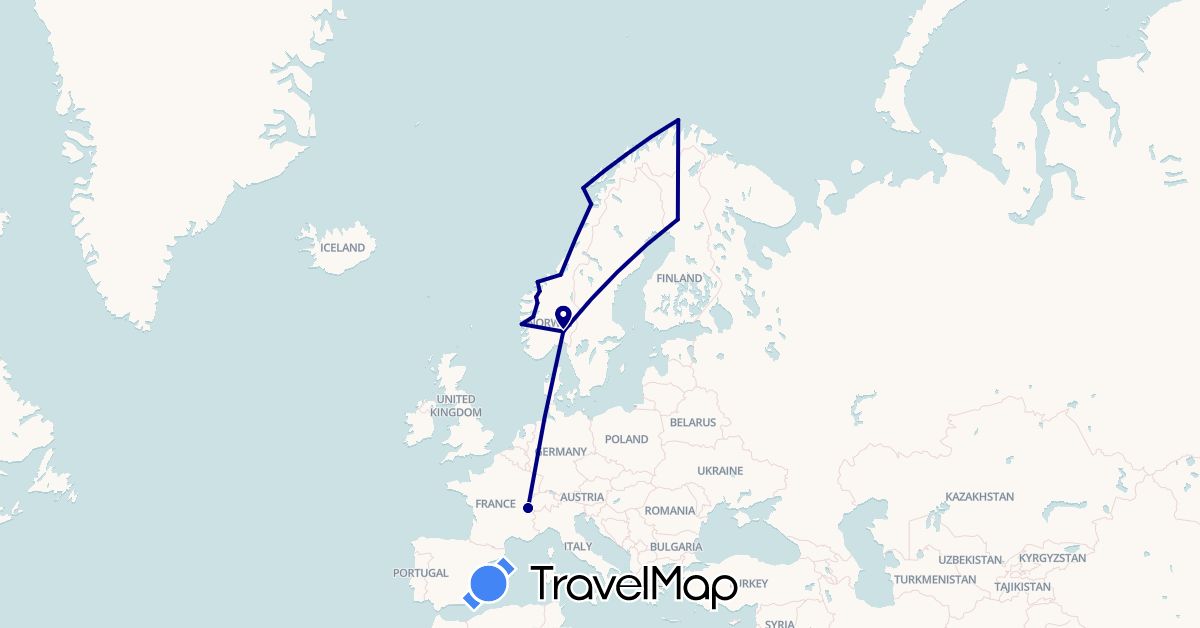 TravelMap itinerary: driving in Switzerland, Finland, Norway (Europe)